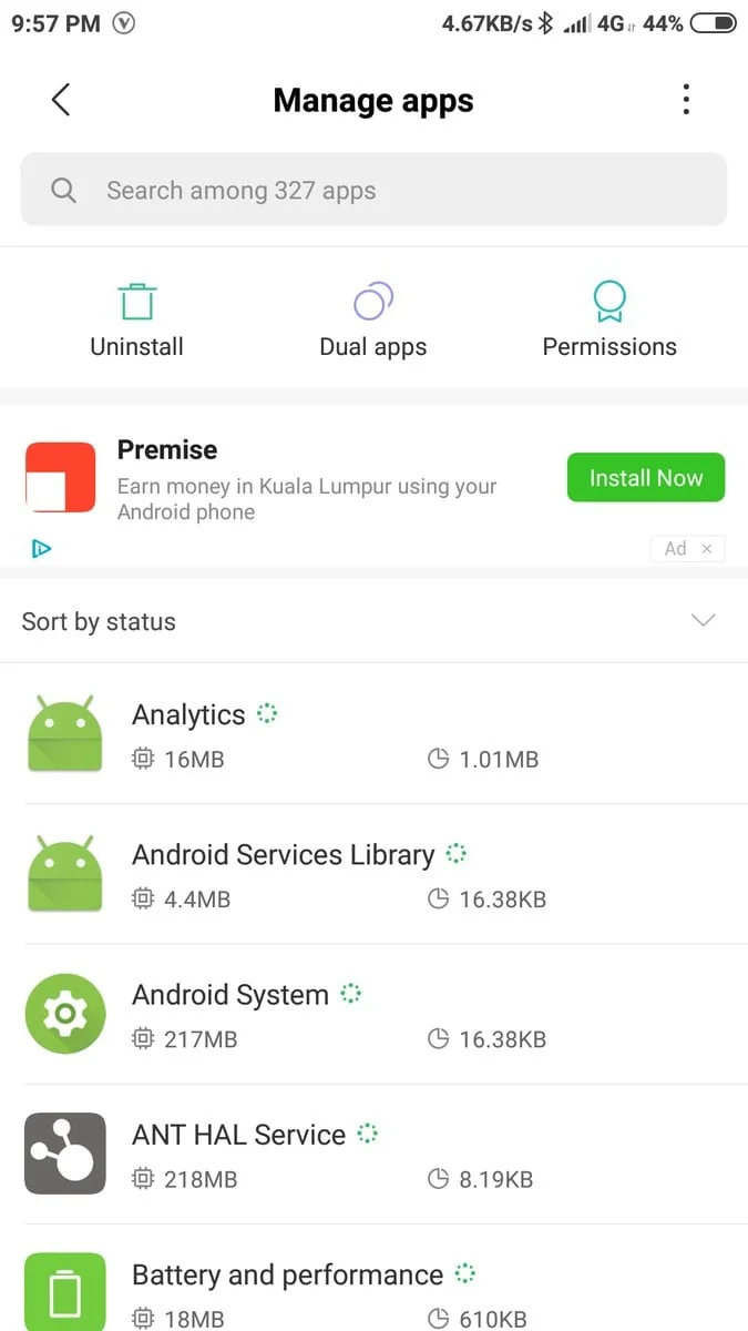 A real ad served inside MIUI's own 'Manage apps' screen